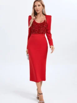 Dresses | Midi Dresses*Mew Mews Fashion Sweetie Long Sleeve Sequin Midi Dress In Red