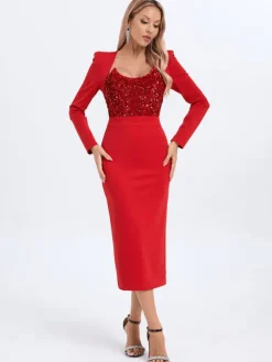 Dresses | Midi Dresses*Mew Mews Fashion Sweetie Long Sleeve Sequin Midi Dress In Red