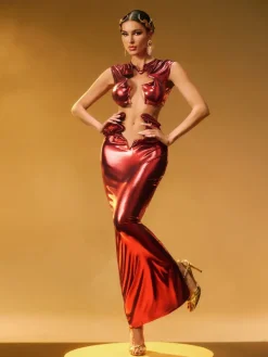 Sets & Co-ords*Mew Mews Fashion Taralynn Ruffle Ruched Metallic Skirt Set In Red