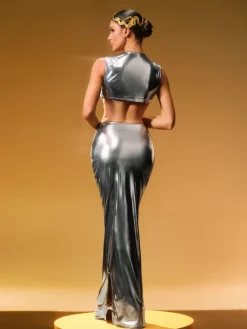 Sets & Co-ords*Mew Mews Fashion Taralynn Ruffle Ruched Metallic Skirt Set In Silver