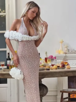 Embellishment | Dresses*Embellishment Terance Halterneck Flower Rhinestone Maxi Dress In Nude