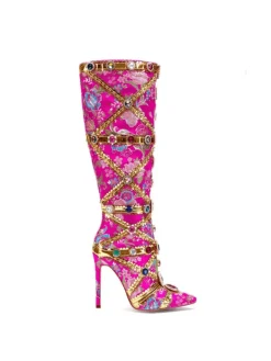 Shoes*Mew Mews Fashion Tesni Floral Printed Rhinestone Boots