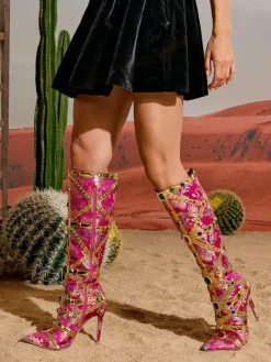 Shoes*Mew Mews Fashion Tesni Floral Printed Rhinestone Boots