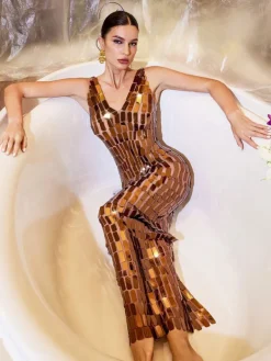 Embellishment | Dresses*Embellishment Thiago V Neck Acrylic Mesh Maxi Dress