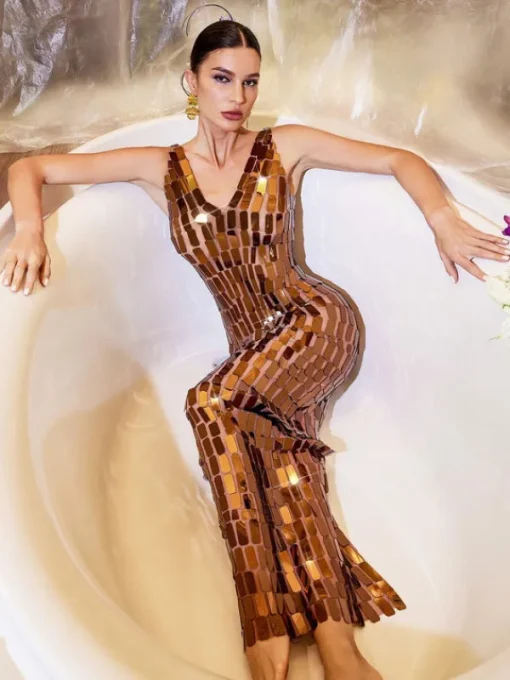 Embellishment | Dresses*Embellishment Thiago V Neck Acrylic Mesh Maxi Dress