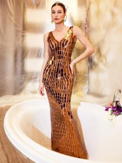 Embellishment | Dresses*Embellishment Thiago V Neck Acrylic Mesh Maxi Dress