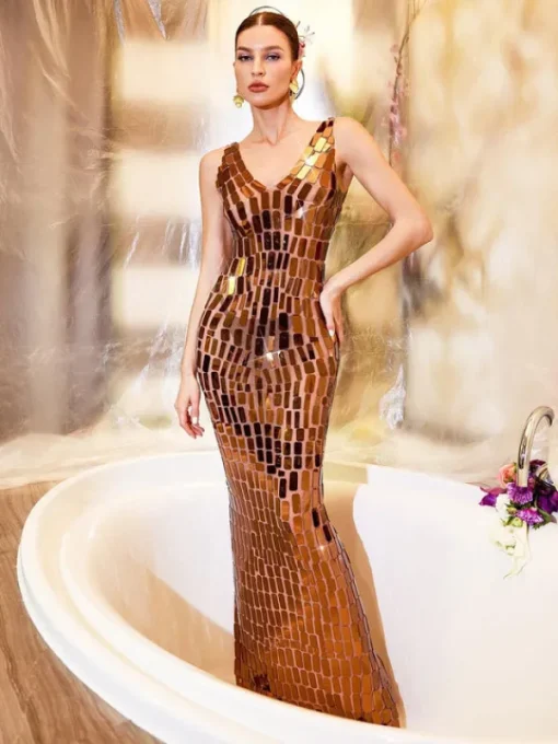 Embellishment | Dresses*Embellishment Thiago V Neck Acrylic Mesh Maxi Dress