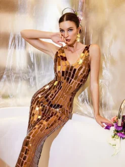 Embellishment | Dresses*Embellishment Thiago V Neck Acrylic Mesh Maxi Dress