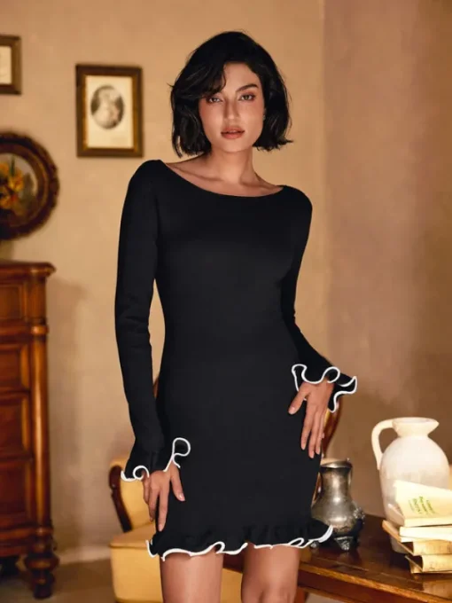 Dresses | Mini Dresses*Mew Mews Fashion Tionne Long Sleeve Ruffle Knitted Mini Dress In Black