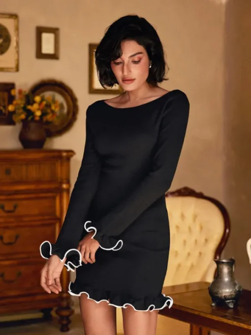 Dresses | Mini Dresses*Mew Mews Fashion Tionne Long Sleeve Ruffle Knitted Mini Dress In Black
