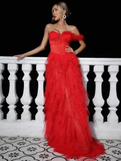 Dresses | Maxi Dresses*Mew Mews Fashion Titania One Shoulder Tulle Maxi Dress In Red