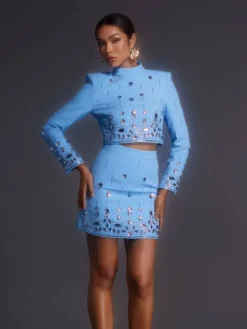 Sets & Co-ords*Mew Mews Fashion Vallea Long Sleeve Rhinestone Skirt Set In Blue