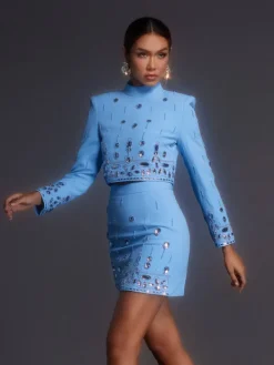 Sets & Co-ords*Mew Mews Fashion Vallea Long Sleeve Rhinestone Skirt Set In Blue