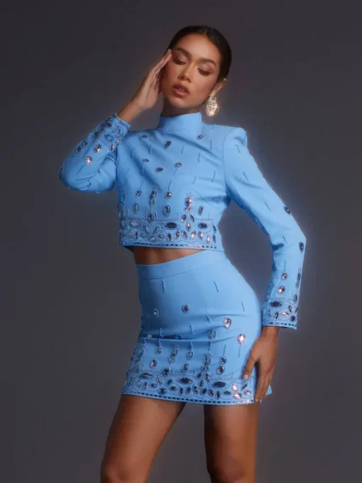 Sets & Co-ords*Mew Mews Fashion Vallea Long Sleeve Rhinestone Skirt Set In Blue