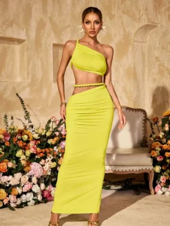 Sets & Co-ords*Mew Mews Fashion Valphyx Backless Cutout Ruched Skirt Set In Lime Yellow