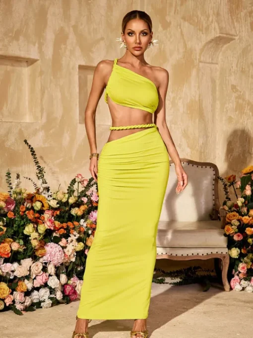 Sets & Co-ords*Mew Mews Fashion Valphyx Backless Cutout Ruched Skirt Set In Lime Yellow