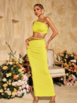 Sets & Co-ords*Mew Mews Fashion Valphyx Backless Cutout Ruched Skirt Set In Lime Yellow