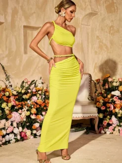 Sets & Co-ords*Mew Mews Fashion Valphyx Backless Cutout Ruched Skirt Set In Lime Yellow