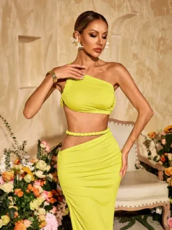 Sets & Co-ords*Mew Mews Fashion Valphyx Backless Cutout Ruched Skirt Set In Lime Yellow