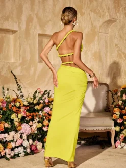 Sets & Co-ords*Mew Mews Fashion Valphyx Backless Cutout Ruched Skirt Set In Lime Yellow