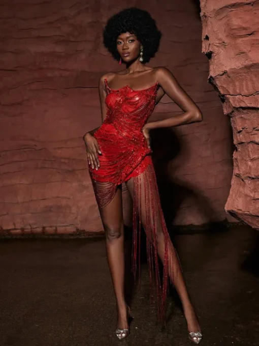 Embellishment | Dresses*Embellishment Verona Embellished Diamond Chain Dress In Red