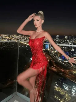 Embellishment | Dresses*Embellishment Verona Embellished Diamond Chain Dress In Red