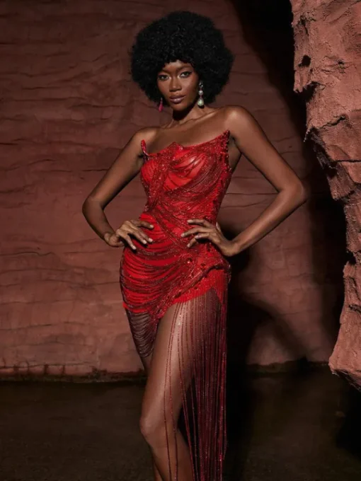 Embellishment | Dresses*Embellishment Verona Embellished Diamond Chain Dress In Red