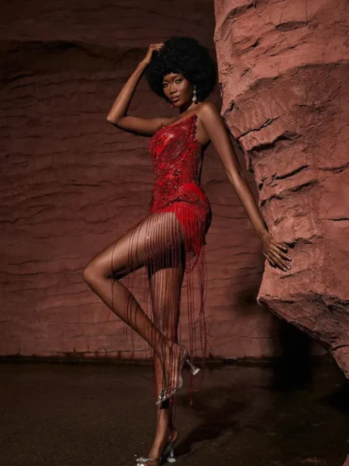 Embellishment | Dresses*Embellishment Verona Embellished Diamond Chain Dress In Red