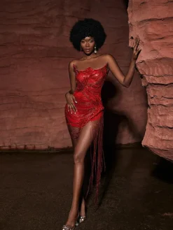 Embellishment | Dresses*Embellishment Verona Embellished Diamond Chain Dress In Red