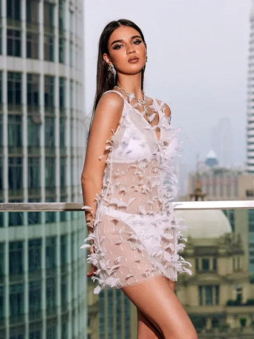 Dresses*Mew Mews Fashion Whelan Spaghetti Feather Mesh Mini Dress