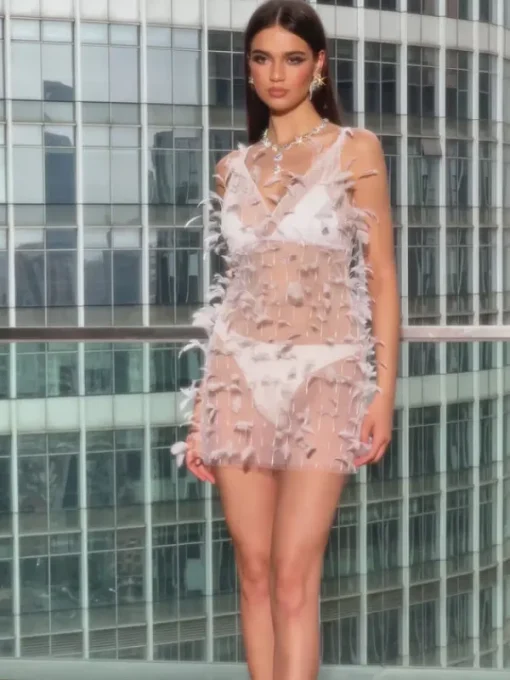Dresses*Mew Mews Fashion Whelan Spaghetti Feather Mesh Mini Dress
