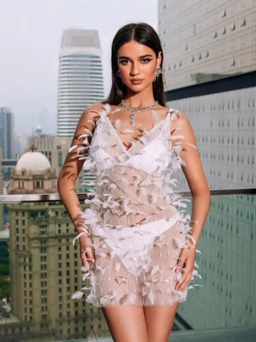 Dresses*Mew Mews Fashion Whelan Spaghetti Feather Mesh Mini Dress