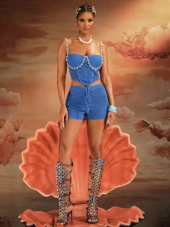 Sets & Co-ords*Mew Mews Fashion Wiebke Spaghetti Pearl Knit Shorts Set In Blue