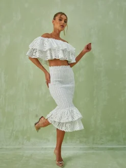 Sets & Co-ords*Mew Mews Fashion Wisteria Ruffle Off Shoulder Hollow Set In White