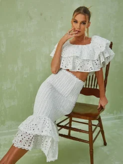 Sets & Co-ords*Mew Mews Fashion Wisteria Ruffle Off Shoulder Hollow Set In White