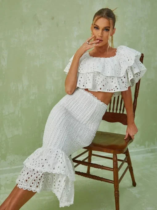 Sets & Co-ords*Mew Mews Fashion Wisteria Ruffle Off Shoulder Hollow Set In White
