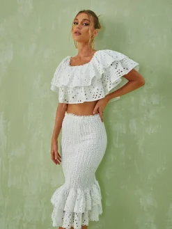 Sets & Co-ords*Mew Mews Fashion Wisteria Ruffle Off Shoulder Hollow Set In White