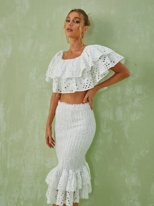 Sets & Co-ords*Mew Mews Fashion Wisteria Ruffle Off Shoulder Hollow Set In White