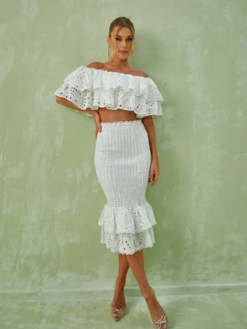 Sets & Co-ords*Mew Mews Fashion Wisteria Ruffle Off Shoulder Hollow Set In White