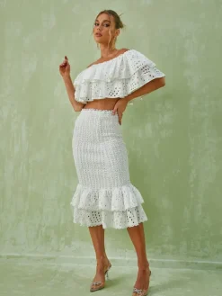 Sets & Co-ords*Mew Mews Fashion Wisteria Ruffle Off Shoulder Hollow Set In White