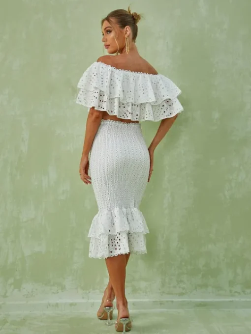 Sets & Co-ords*Mew Mews Fashion Wisteria Ruffle Off Shoulder Hollow Set In White