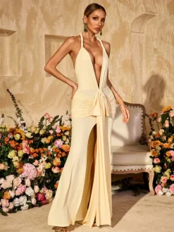 Dresses | Maxi Dresses*Mew Mews Fashion Wyxara Plunge Neck Ruched Split Maxi Dress