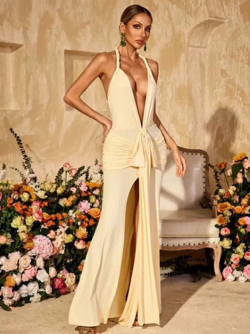 Dresses | Maxi Dresses*Mew Mews Fashion Wyxara Plunge Neck Ruched Split Maxi Dress