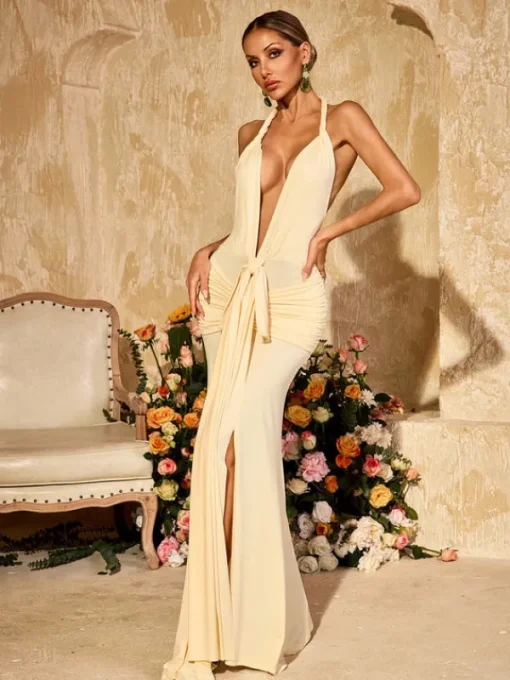Dresses | Maxi Dresses*Mew Mews Fashion Wyxara Plunge Neck Ruched Split Maxi Dress