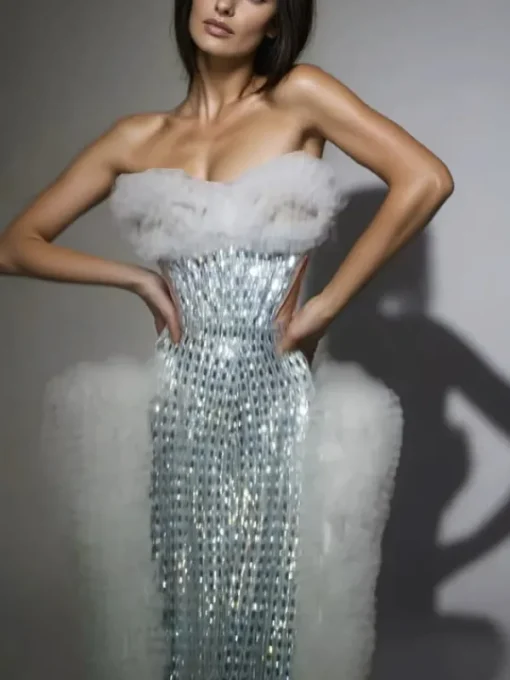 Dresses | Maxi Dresses*Jiu Bajia O/S Xaelthar Strapless Rhinestone Tulle Maxi Dress In White