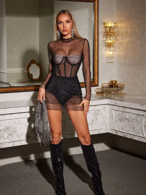 Dresses | Mini Dresses*Mew Mews Fashion Yarrow Long Sleeve Crystal Mesh Mini Dress