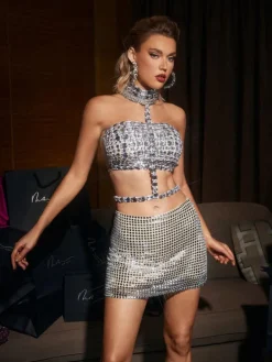 Embellishment | Dresses*Embellishment Zelie Rhinestone Cutout Crop Top In Silver