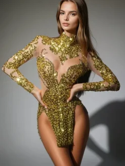 Bodysuits | Tops*Jiu Bajia O/S Zoravell Sequin Mesh Bodysuit In Gold