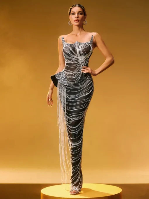 Embellishment | Dresses*Embellishment Zories Strapless Crystal Chain Fringe Maxi Dress
