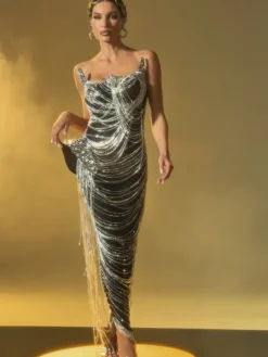 Embellishment | Dresses*Embellishment Zories Strapless Crystal Chain Fringe Maxi Dress
